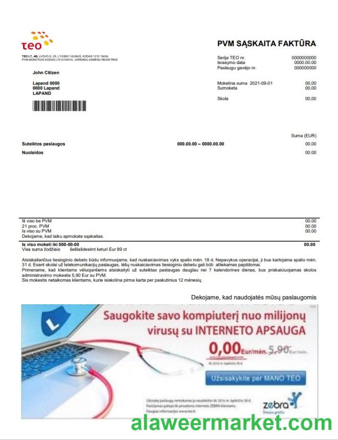 Lithuania Teo utility bill template in Word and PDF format (.doc and .pdf)